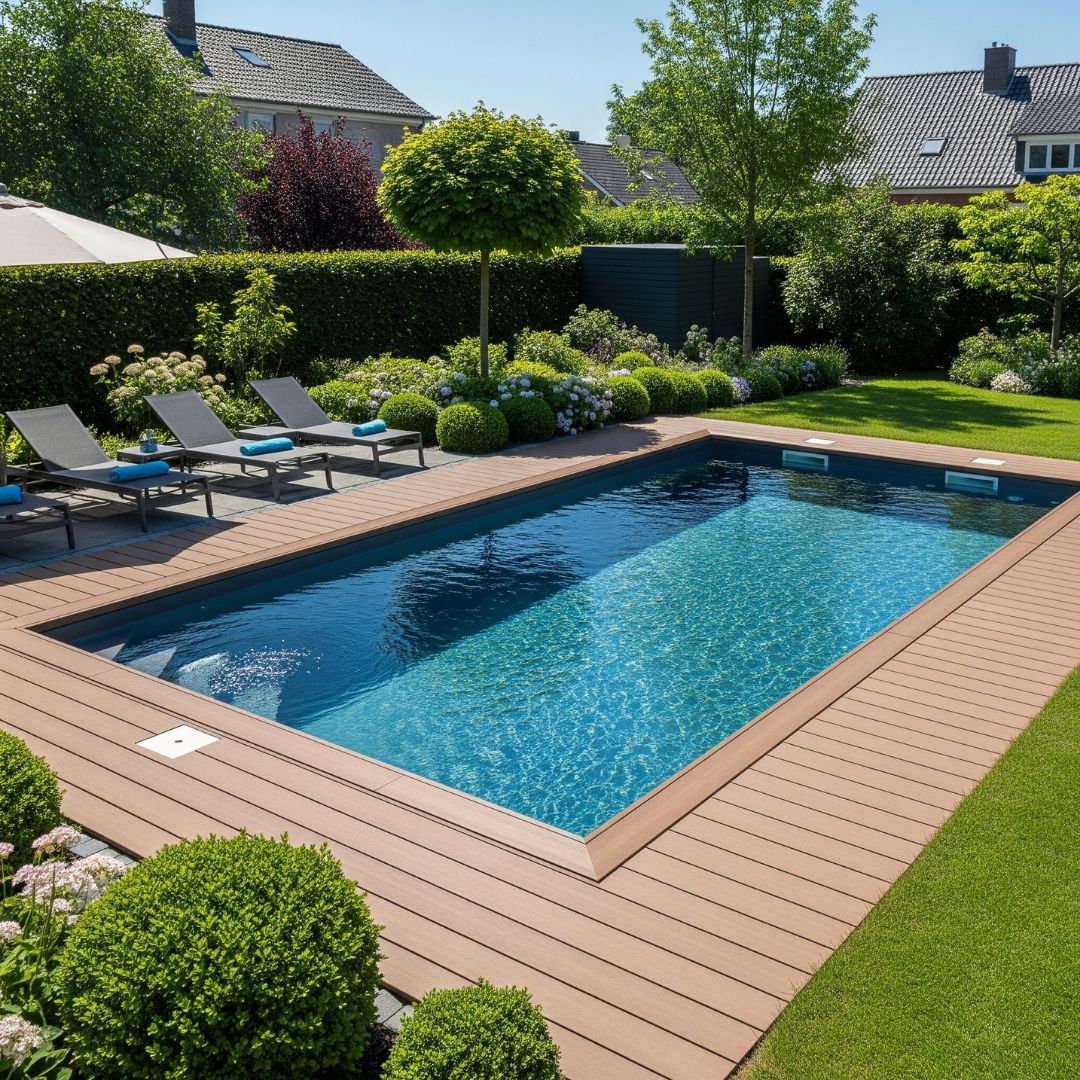 rectangular modular pool with a dark interior