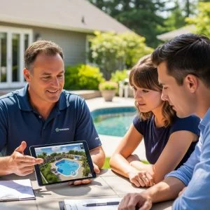 A friendly contractor discusses swimming pool designs on a tablet