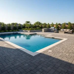 A close-up view of premium, light-colored travertine coping and expansive patio decking surrounding a pool, highlighting the cohesive and high-quality hardscape finish.