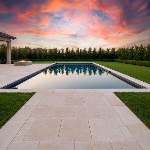 A luxurious inground swimming pool featuring clean, modern architectural lines and crystal-clear water, suggesting the secure foundation and well-structured plan provided by specialized pool financing.