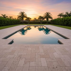 A serene, close-up view of a custom pool with a wide, durable stone coping edge and smooth plaster finish, conveying long-term stability and enduring value from a fixed-rate loan.