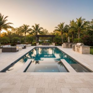 An expansive, elevated view of a luxurious custom pool and surrounding outdoor living area, showcasing a large patio, built-in kitchen, and distinct lounging zones, illustrating the comprehensive project possible with high funding amounts.
