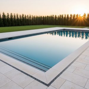 A clean, aerial view of a geometric, contemporary inground pool with perfectly clear water and well-defined tile and coping lines, suggesting a smooth, efficient, and well-executed construction process.