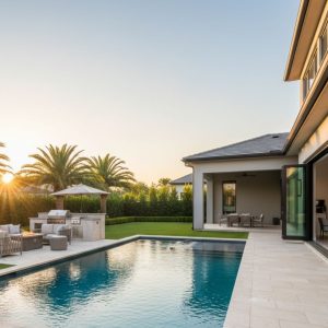 A modern backyard featuring a clean, rectangular inground swimming pool with an infinity edge, surrounded by lush green lawn, mature palm trees, a fully equipped outdoor kitchen, and stylish lounge furniture, all under a warm sunset glow, signifying property enhancement.