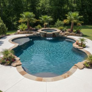 An aerial view of a uniquely shaped custom inground swimming pool with a natural rock waterfall flowing into it from an elevated circular spa, surrounded by natural stone coping, concrete decking, lush landscaping, and palm trees, demonstrating design flexibility.