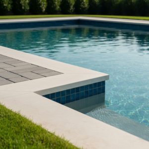 A low-angle close-up view of a pristine swimming pool's corner, highlighting the durable, light-colored coping, blue waterline tiles, and subtle ripple of clear water, with manicured grass and paving stones in the background, conveying quality construction.